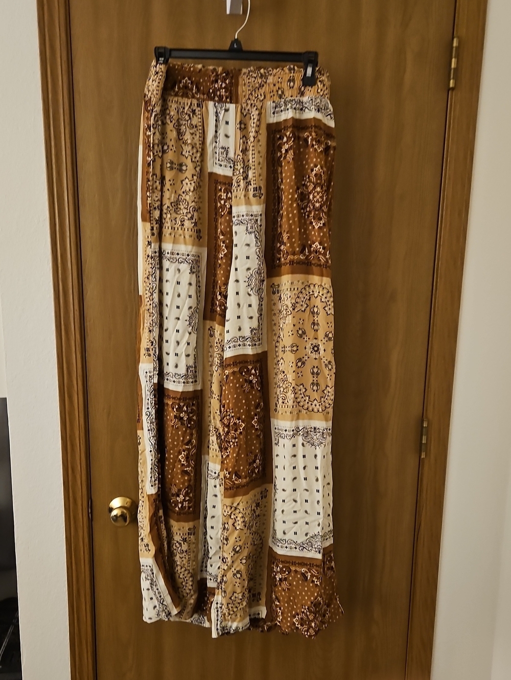 Boho Patchwork Wide Leg Pants in Brown & Cream - Picture 1 of 6